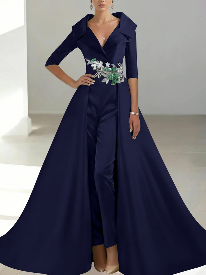 A-Line/Princess Shirt Collar Satin Mother of the Bride Jumpsuit Overskirt Sequins Pocket Half Sleeves Floor-Length