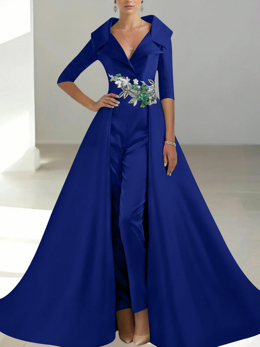 A-Line/Princess Shirt Collar Satin Mother of the Bride Jumpsuit Overskirt Sequins Pocket Half Sleeves Floor-Length