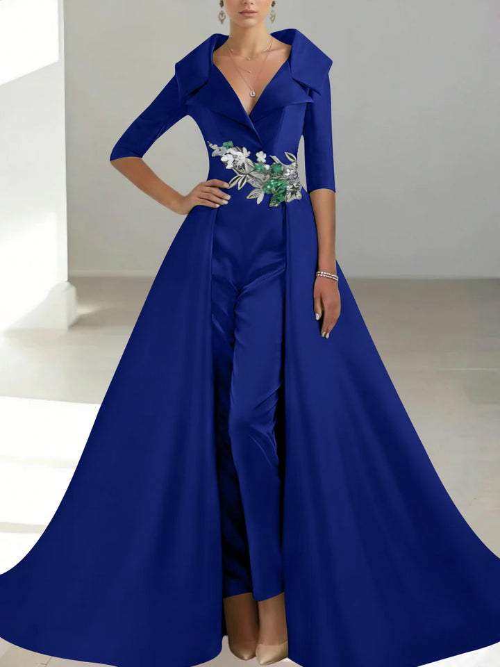 A-Line/Princess Shirt Collar Satin Mother of the Bride Jumpsuit Overskirt Sequins Pocket Half Sleeves Floor-Length