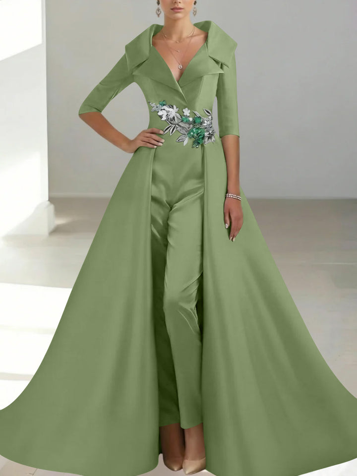 A-Line/Princess Shirt Collar Satin Mother of the Bride Jumpsuit Overskirt Sequins Pocket Half Sleeves Floor-Length