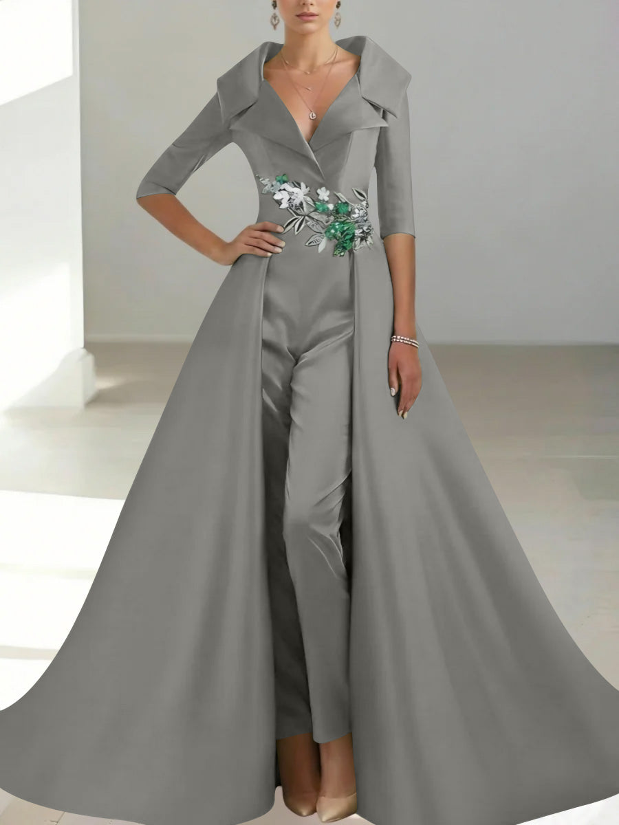 A-Line/Princess Shirt Collar Satin Mother of the Bride Jumpsuit Overskirt Sequins Pocket Half Sleeves Floor-Length