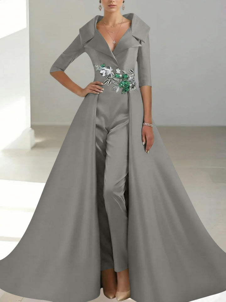 A-Line/Princess Shirt Collar Satin Mother of the Bride Jumpsuit Overskirt Sequins Pocket Half Sleeves Floor-Length
