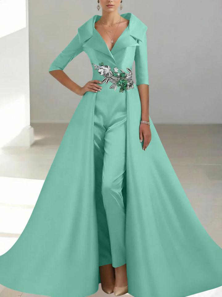 A-Line/Princess Shirt Collar Satin Mother of the Bride Jumpsuit Overskirt Sequins Pocket Half Sleeves Floor-Length