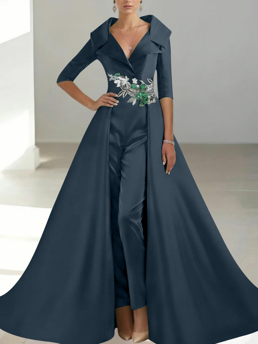 A-Line/Princess Shirt Collar Satin Mother of the Bride Jumpsuit Overskirt Sequins Pocket Half Sleeves Floor-Length