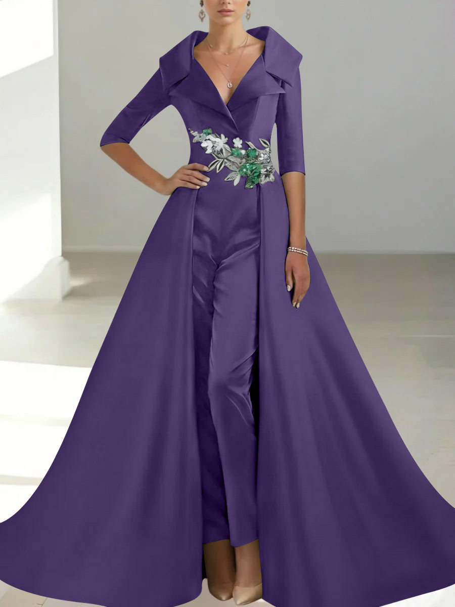 A-Line/Princess Shirt Collar Satin Mother of the Bride Jumpsuit Overskirt Sequins Pocket Half Sleeves Floor-Length