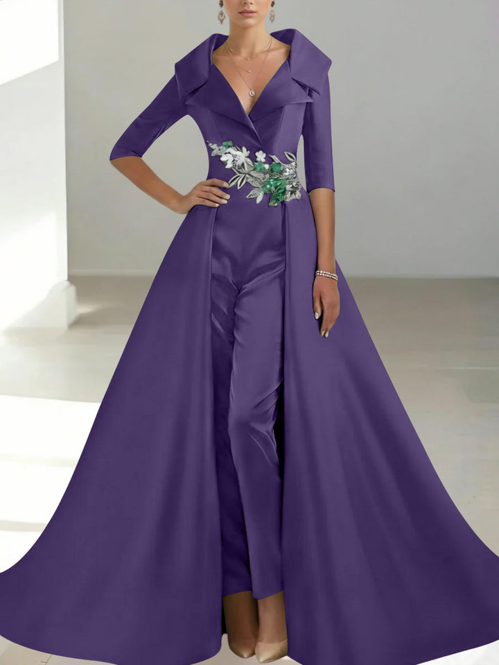 A-Line/Princess Shirt Collar Satin Mother of the Bride Jumpsuit Overskirt Sequins Pocket Half Sleeves Floor-Length