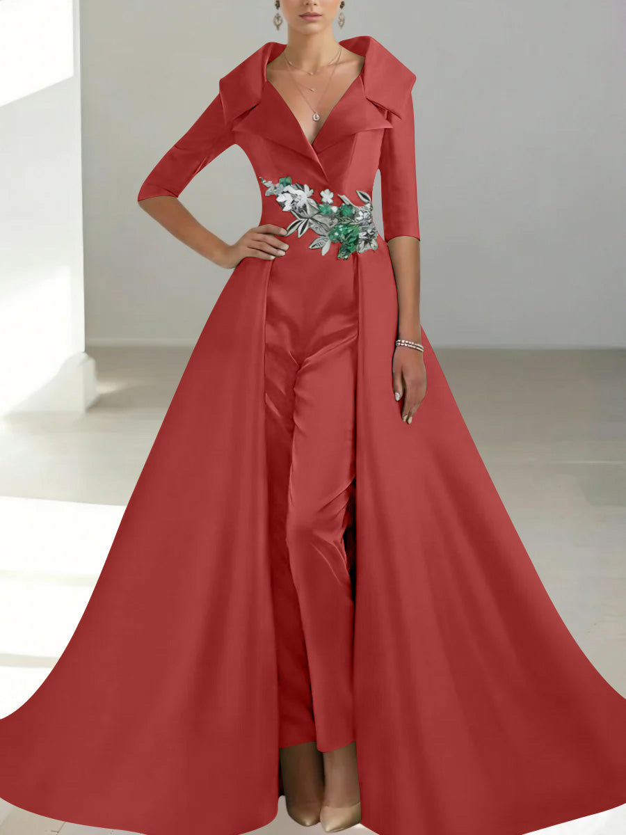 A-Line/Princess Shirt Collar Satin Mother of the Bride Jumpsuit Overskirt Sequins Pocket Half Sleeves Floor-Length