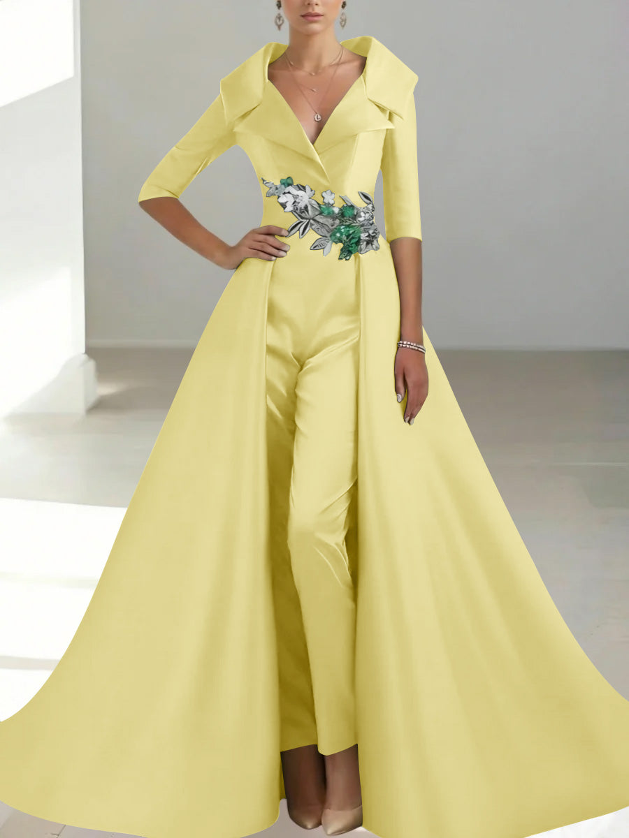 A-Line/Princess Shirt Collar Satin Mother of the Bride Jumpsuit Overskirt Sequins Pocket Half Sleeves Floor-Length