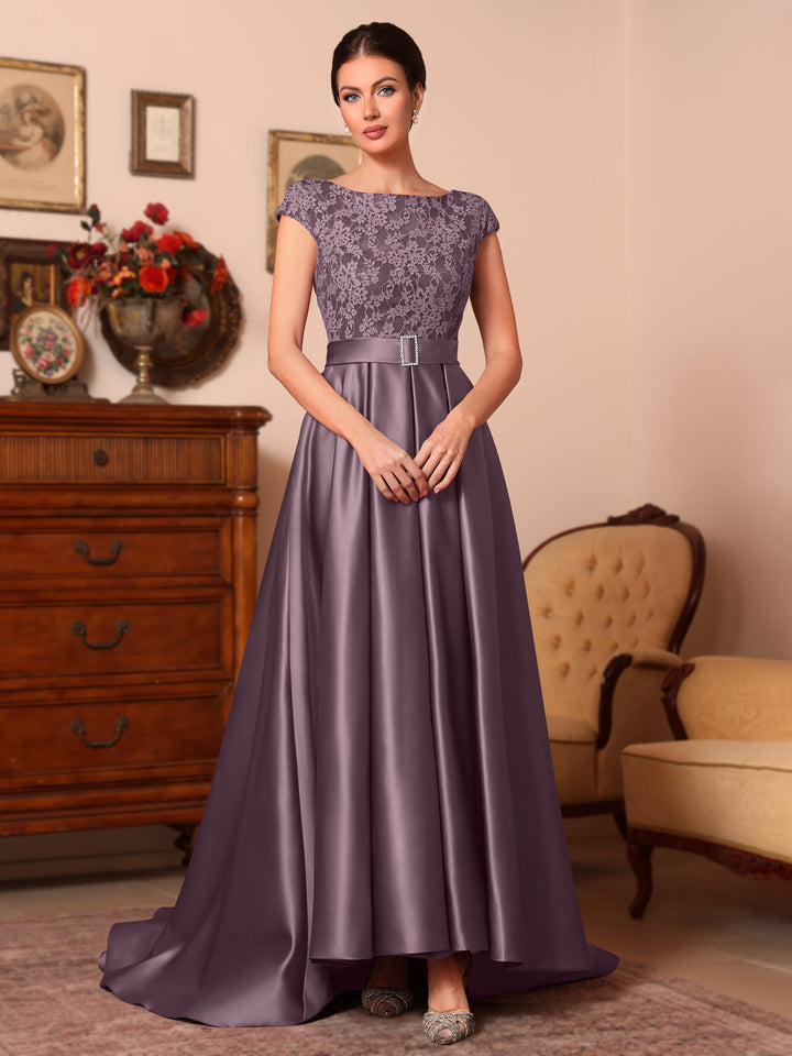 A-Line/Princess Scoop Satin Mother of the Bride Dresses Sleeveless Lace Floor-Length Belt Sweep Train