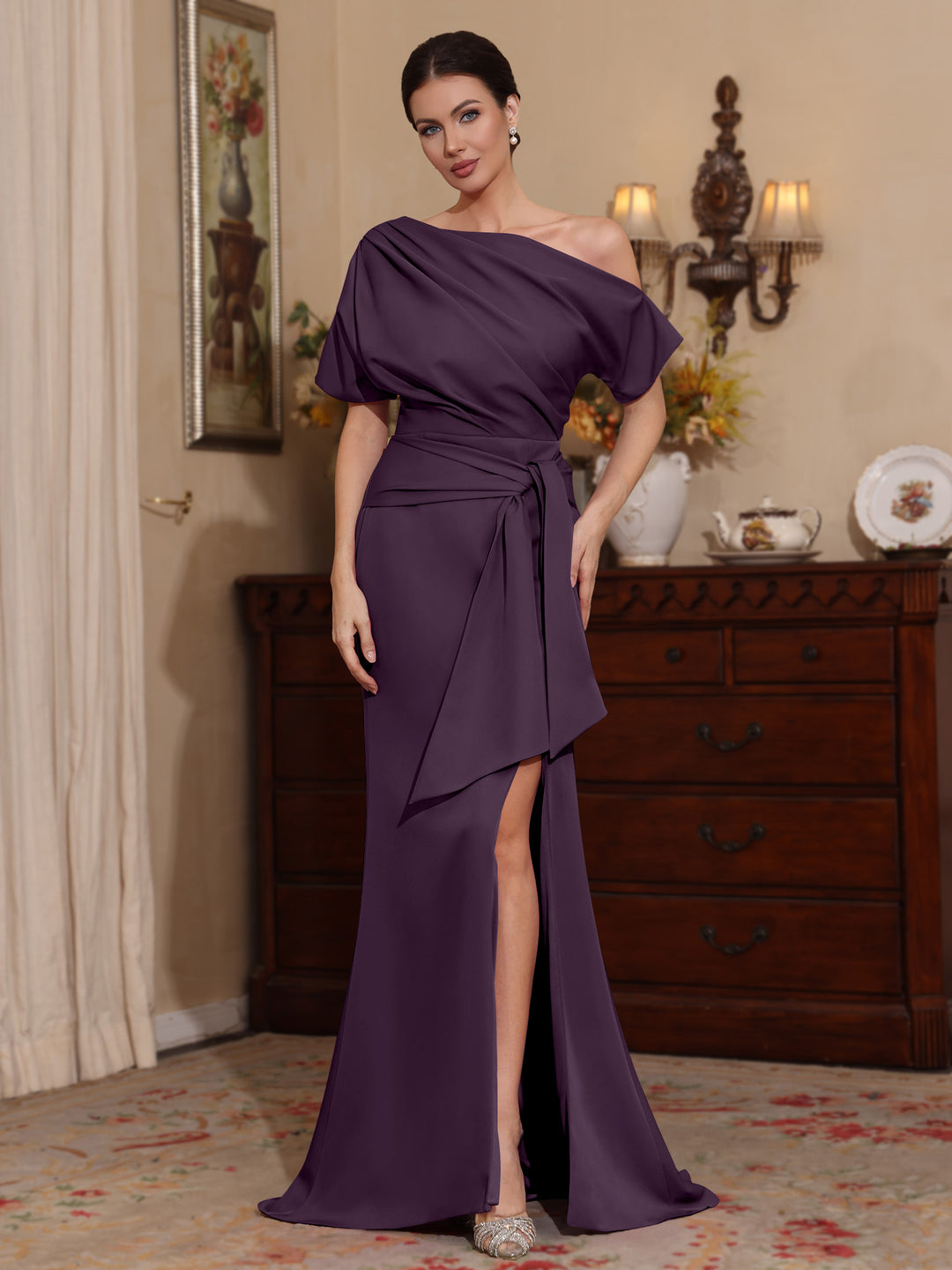 Trumpet/Mermaid One-Shoulder Stretch Satin Mother of the Bride Dresses Floor-Length Sweep Train Short Sleeves Split Side