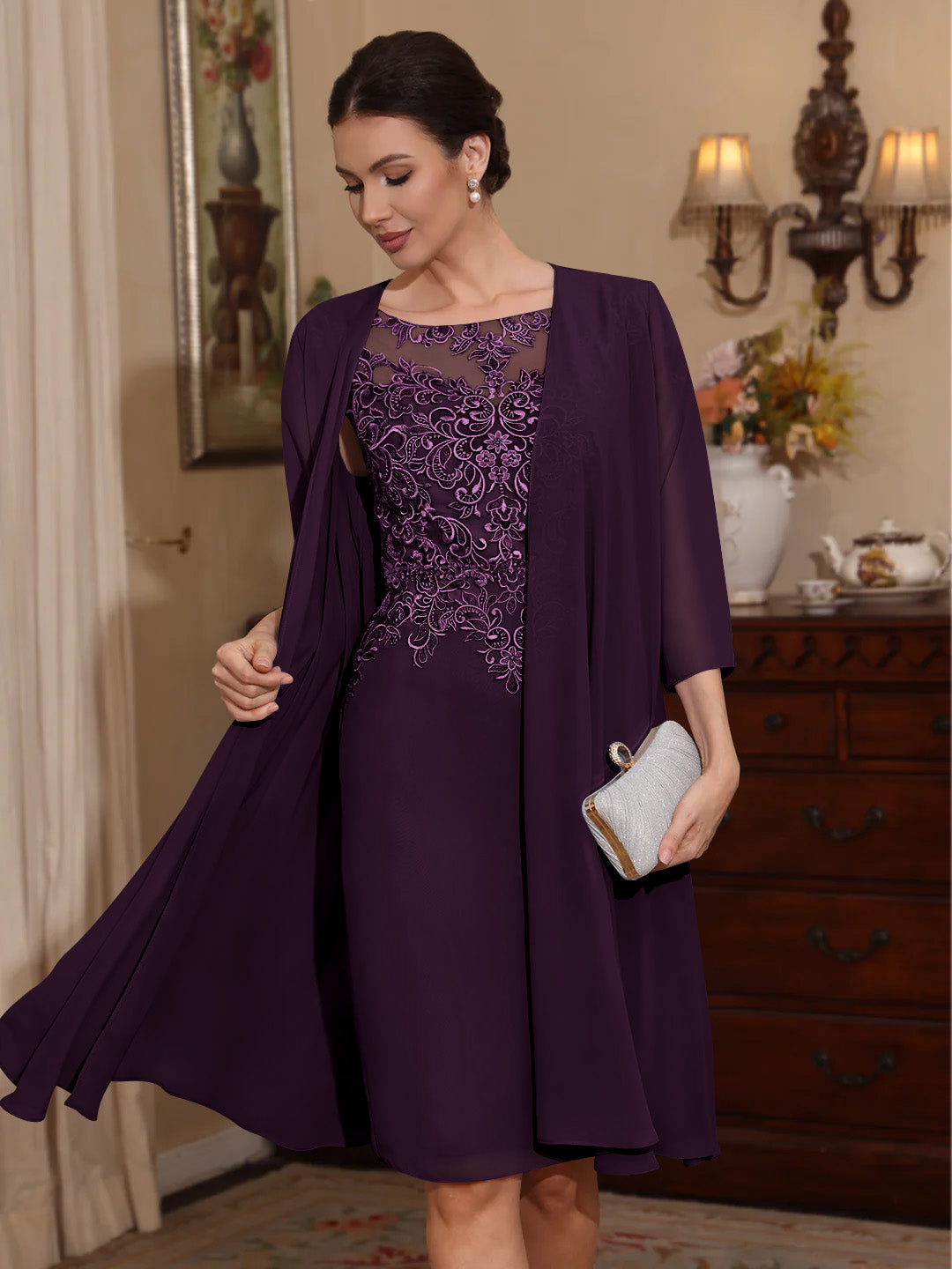 2 Pieces Sheath/Column Scoop Chiffon Mother of the Bride Dresses with Jacket Lace Knee-Length 3/4 Sleeves