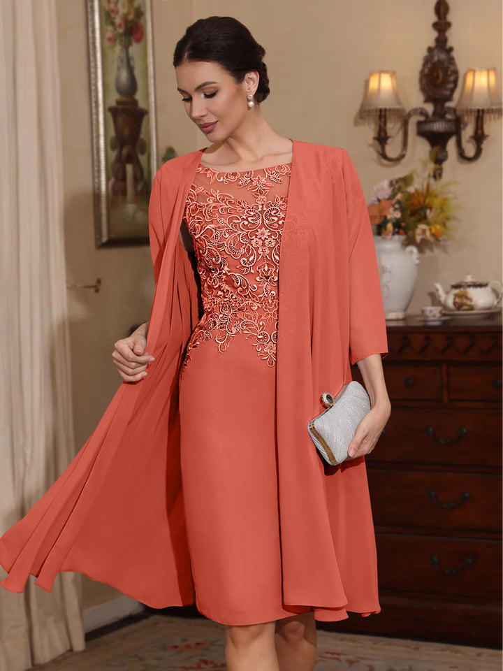 2 Pieces Sheath/Column Scoop Chiffon Mother of the Bride Dresses with Jacket Lace Knee-Length 3/4 Sleeves