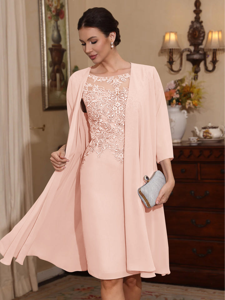 2 Pieces Sheath/Column Scoop Chiffon Mother of the Bride Dresses with Jacket Lace Knee-Length 3/4 Sleeves