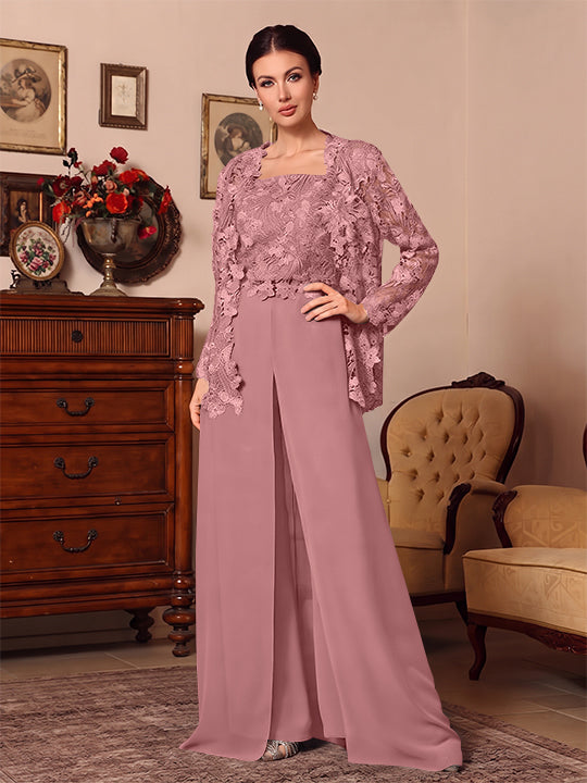 3 Pieces Square Collar Chiffon Mother of the Bride Pantsuits with Jacket Overskirt Lace Floor-Length Long Sleeves