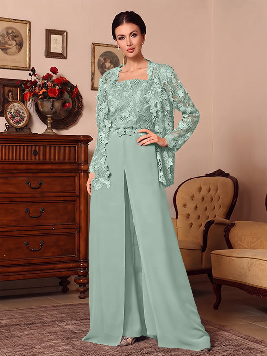 3 Pieces Square Collar Chiffon Mother of the Bride Pantsuits with Jacket Overskirt Lace Floor-Length Long Sleeves