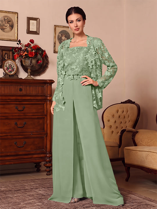 3 Pieces Square Collar Chiffon Mother of the Bride Pantsuits with Jacket Overskirt Lace Floor-Length Long Sleeves