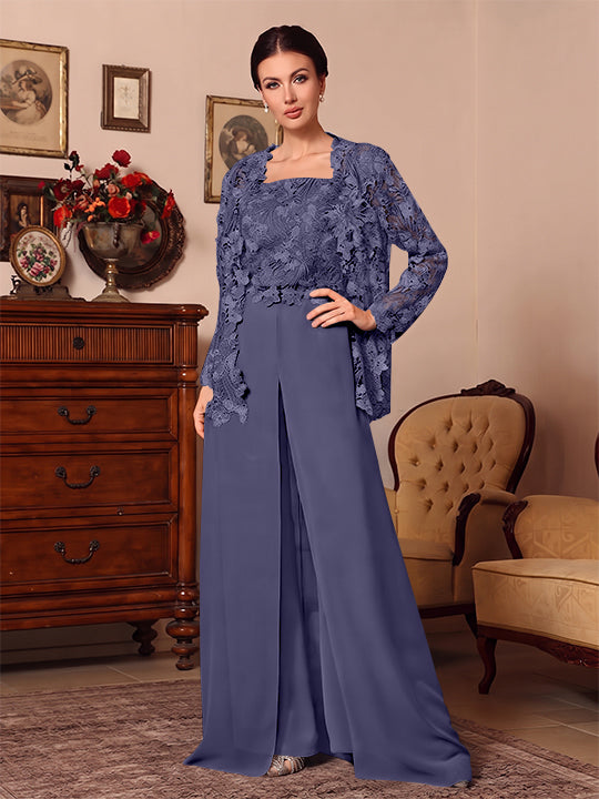 3 Pieces Square Collar Chiffon Mother of the Bride Pantsuits with Jacket Overskirt Lace Floor-Length Long Sleeves