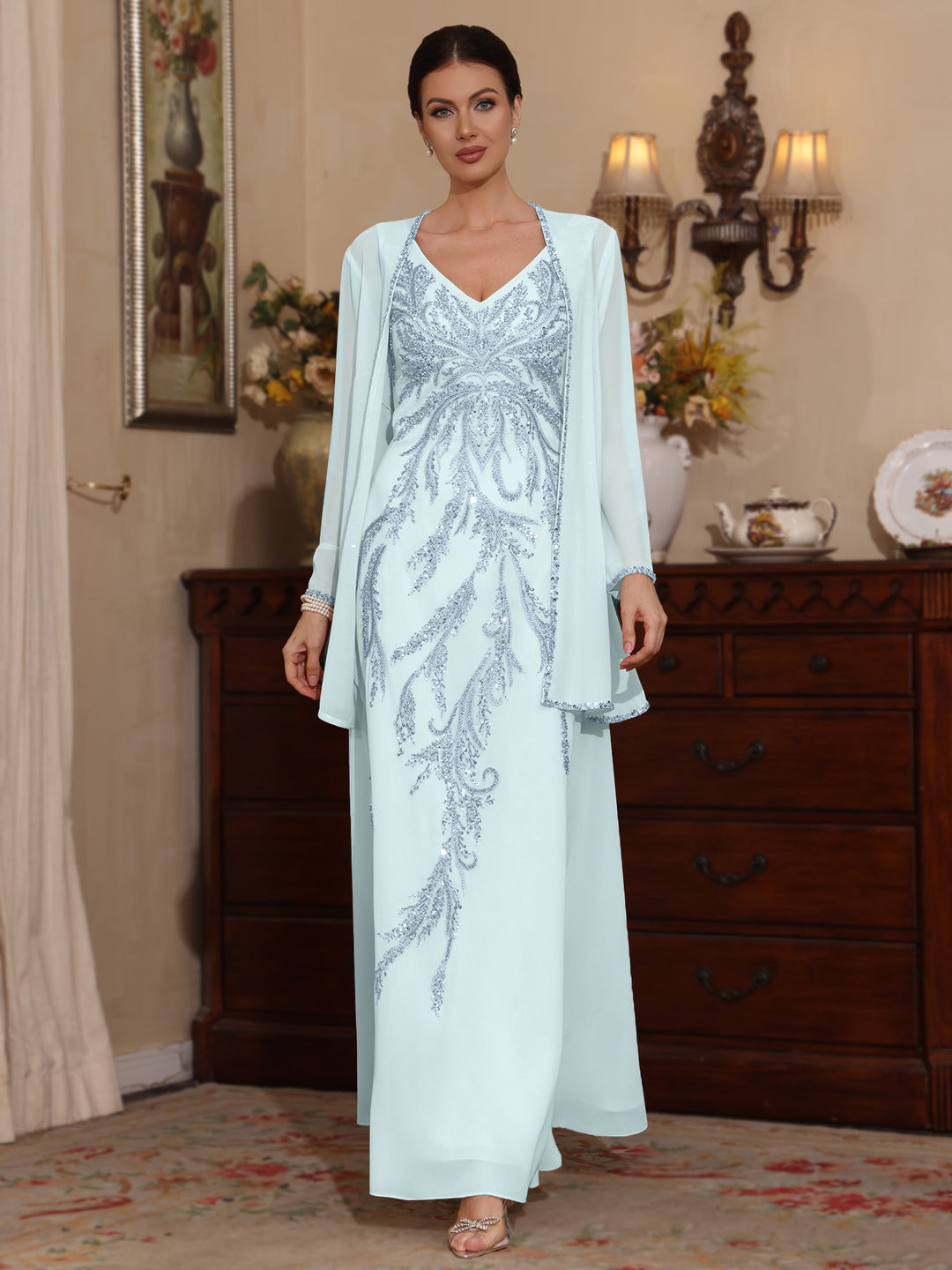 2 Pieces A-Line/Princess V-Neck Chiffon Mother of the Bride Dresses with Jacket Sequins Ankle-Length Long Sleeves