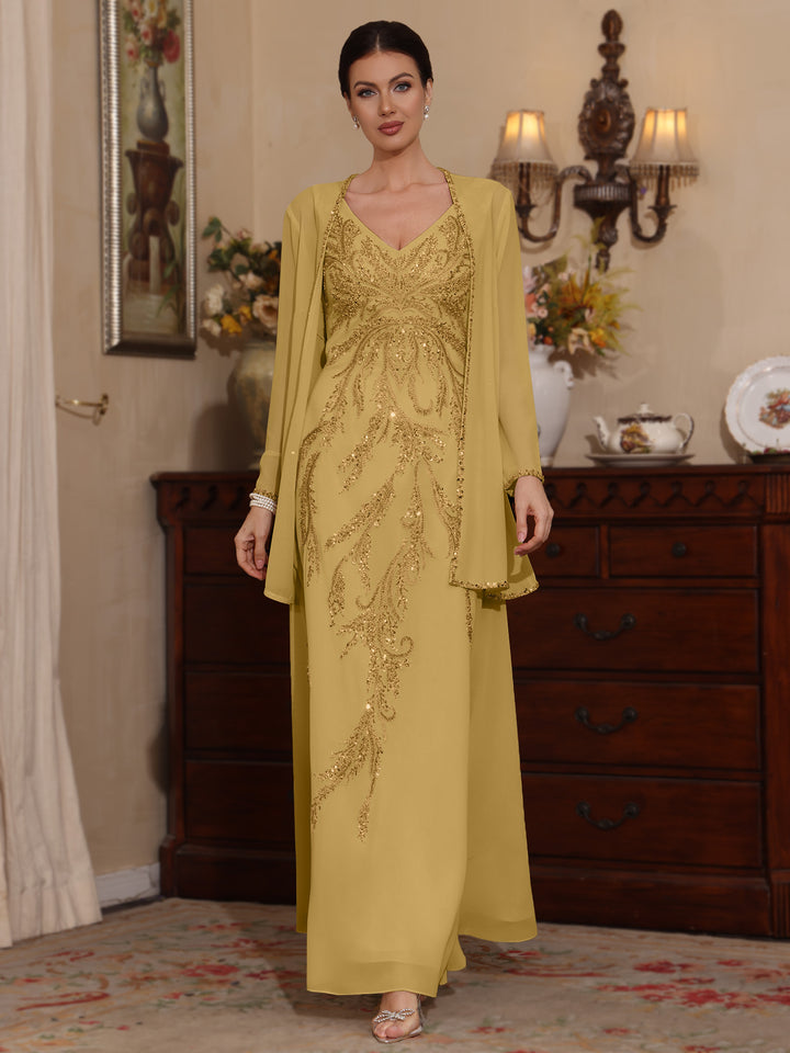 2 Pieces A-Line/Princess V-Neck Chiffon Mother of the Bride Dresses with Jacket Sequins Ankle-Length Long Sleeves