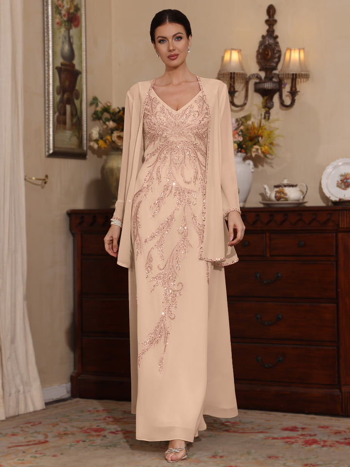 2 Pieces A-Line/Princess V-Neck Chiffon Mother of the Bride Dresses with Jacket Sequins Ankle-Length Long Sleeves