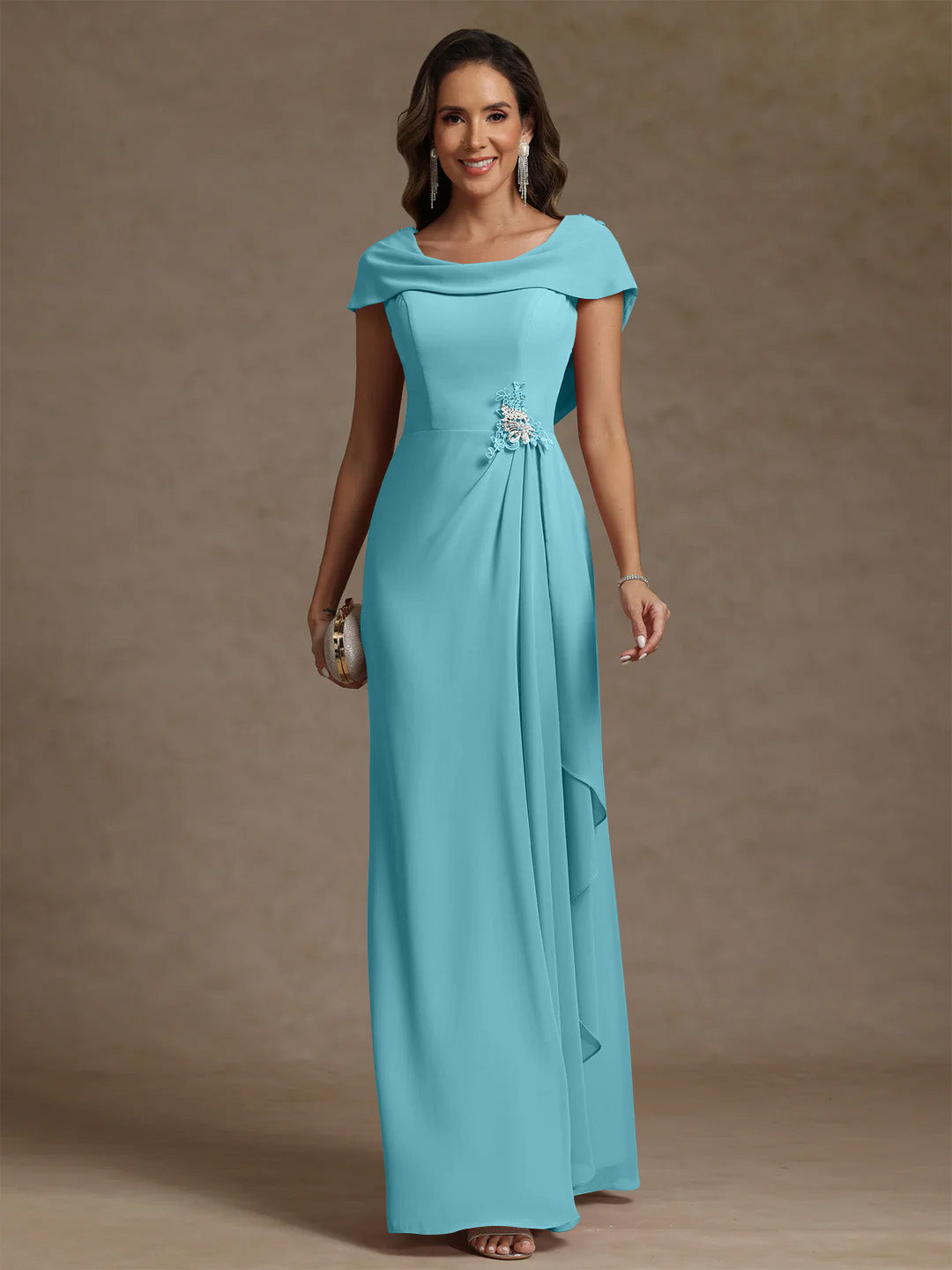 Sheath/Column Cowl Neck Chiffon Mother of the Bride Dresses Rhinestone Floor-Length Ruffles Sleeveless