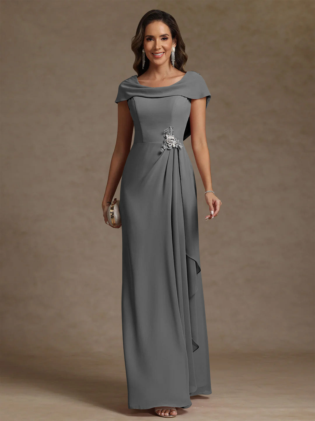 Sheath/Column Cowl Neck Chiffon Mother of the Bride Dresses Rhinestone Floor-Length Ruffles Sleeveless