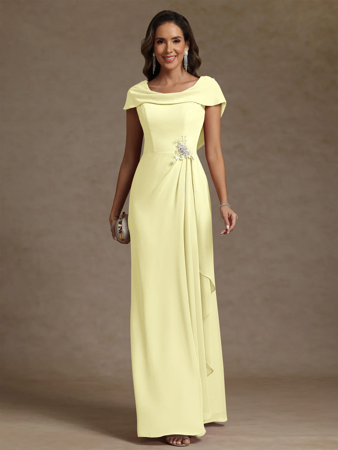 Sheath/Column Cowl Neck Chiffon Mother of the Bride Dresses Rhinestone Floor-Length Ruffles Sleeveless
