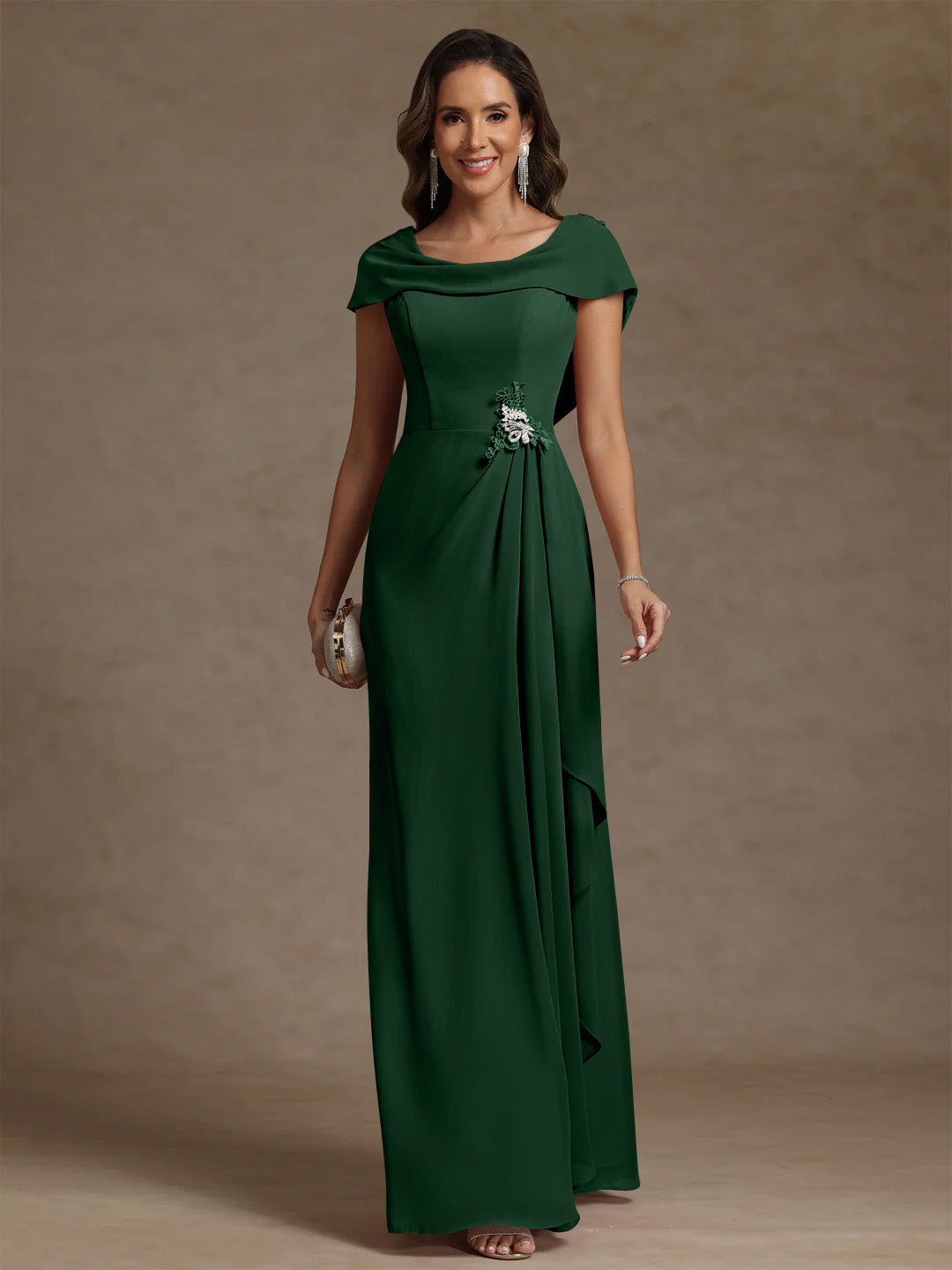 Sheath/Column Cowl Neck Chiffon Mother of the Bride Dresses Rhinestone Floor-Length Ruffles Sleeveless