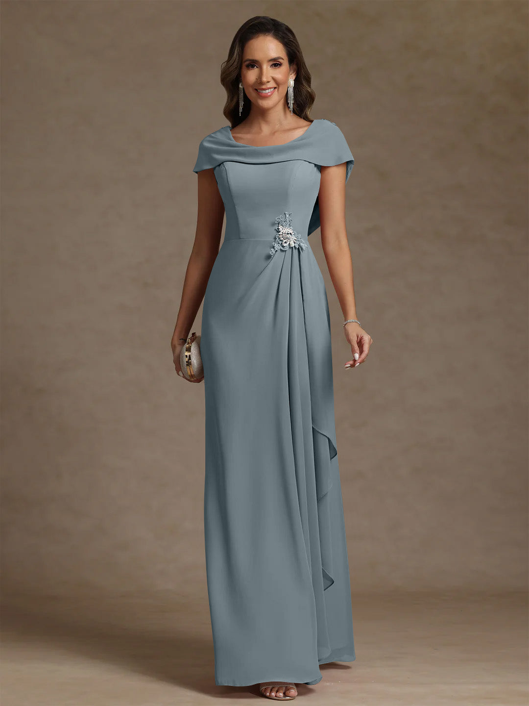 Sheath/Column Cowl Neck Chiffon Mother of the Bride Dresses Rhinestone Floor-Length Ruffles Sleeveless