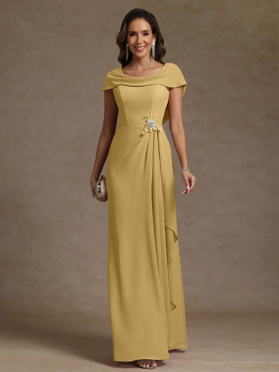Sheath/Column Cowl Neck Chiffon Mother of the Bride Dresses Rhinestone Floor-Length Ruffles Sleeveless