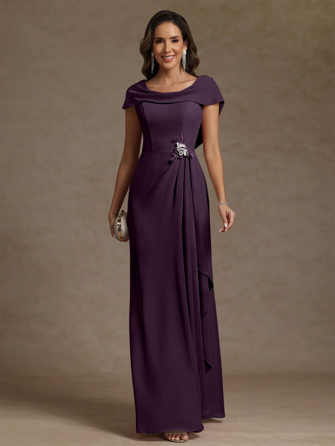Sheath/Column Cowl Neck Chiffon Mother of the Bride Dresses Rhinestone Floor-Length Ruffles Sleeveless