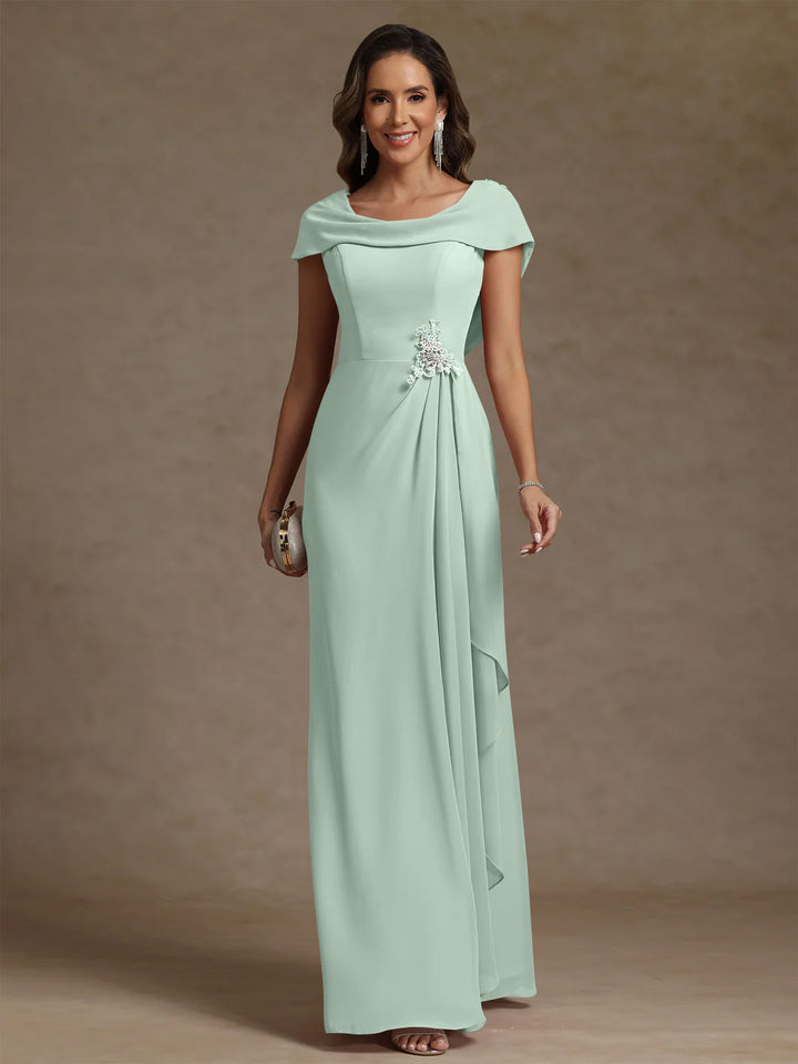 Sheath/Column Cowl Neck Chiffon Mother of the Bride Dresses Rhinestone Floor-Length Ruffles Sleeveless