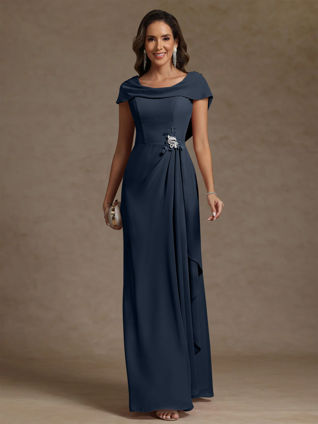 Sheath/Column Cowl Neck Chiffon Mother of the Bride Dresses Rhinestone Floor-Length Ruffles Sleeveless