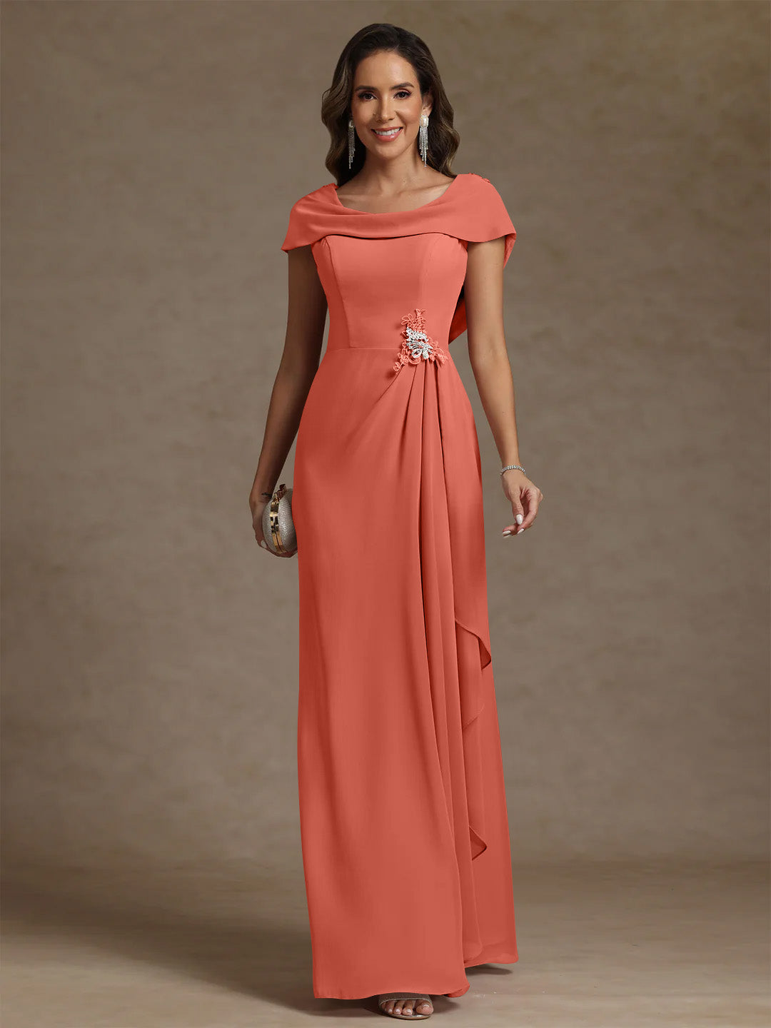 Sheath/Column Cowl Neck Chiffon Mother of the Bride Dresses Rhinestone Floor-Length Ruffles Sleeveless