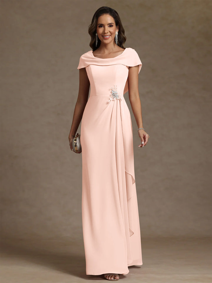 Sheath/Column Cowl Neck Chiffon Mother of the Bride Dresses Rhinestone Floor-Length Ruffles Sleeveless