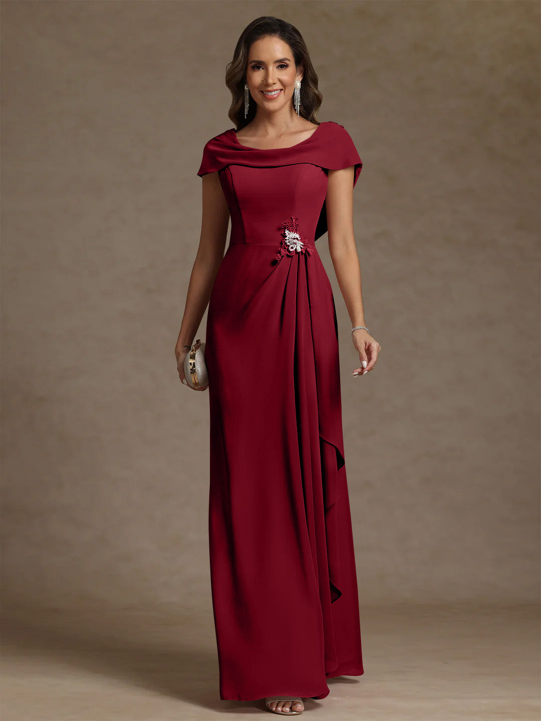 Sheath/Column Cowl Neck Chiffon Mother of the Bride Dresses Rhinestone Floor-Length Ruffles Sleeveless