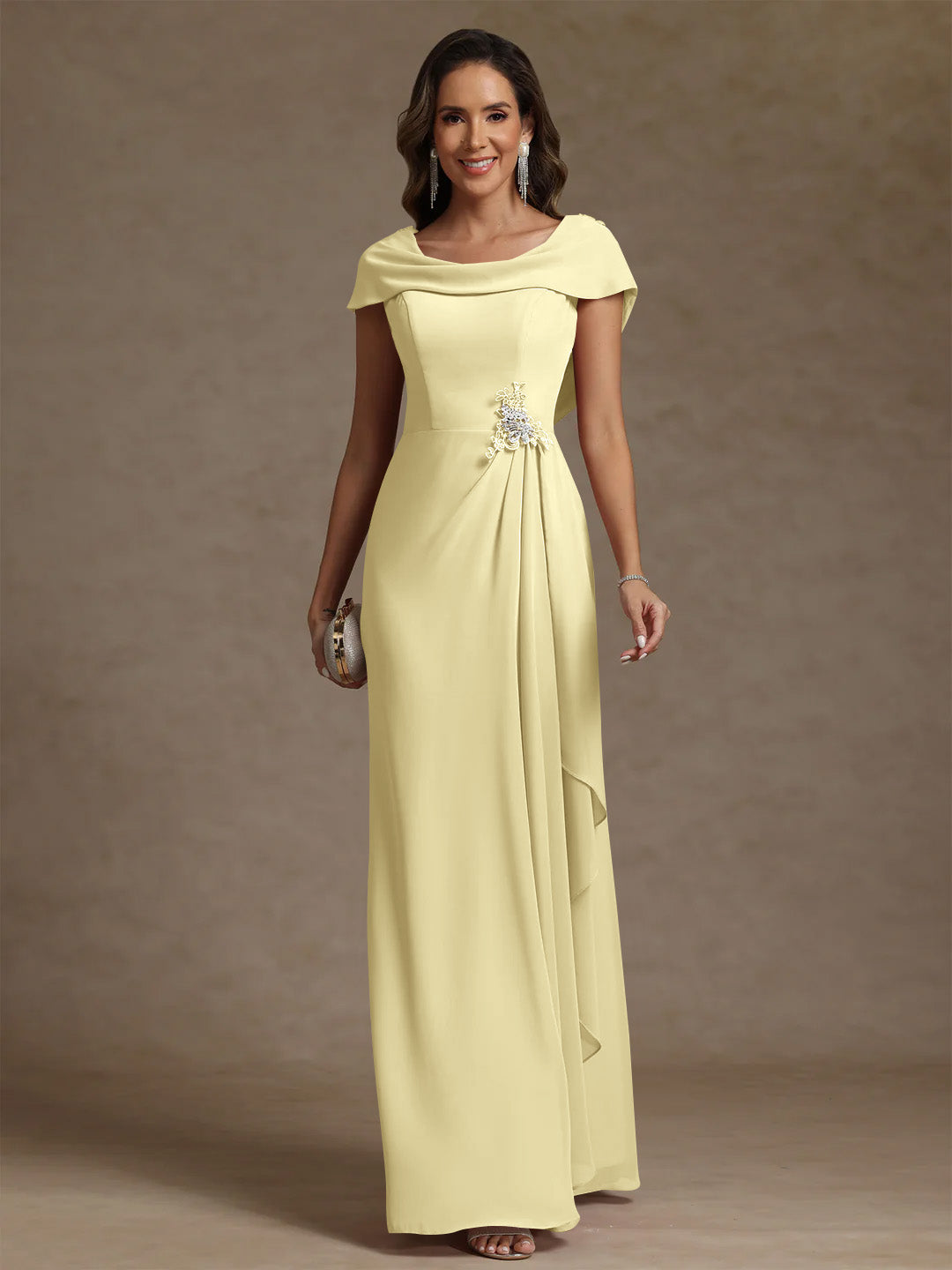 Sheath/Column Cowl Neck Chiffon Mother of the Bride Dresses Rhinestone Floor-Length Ruffles Sleeveless