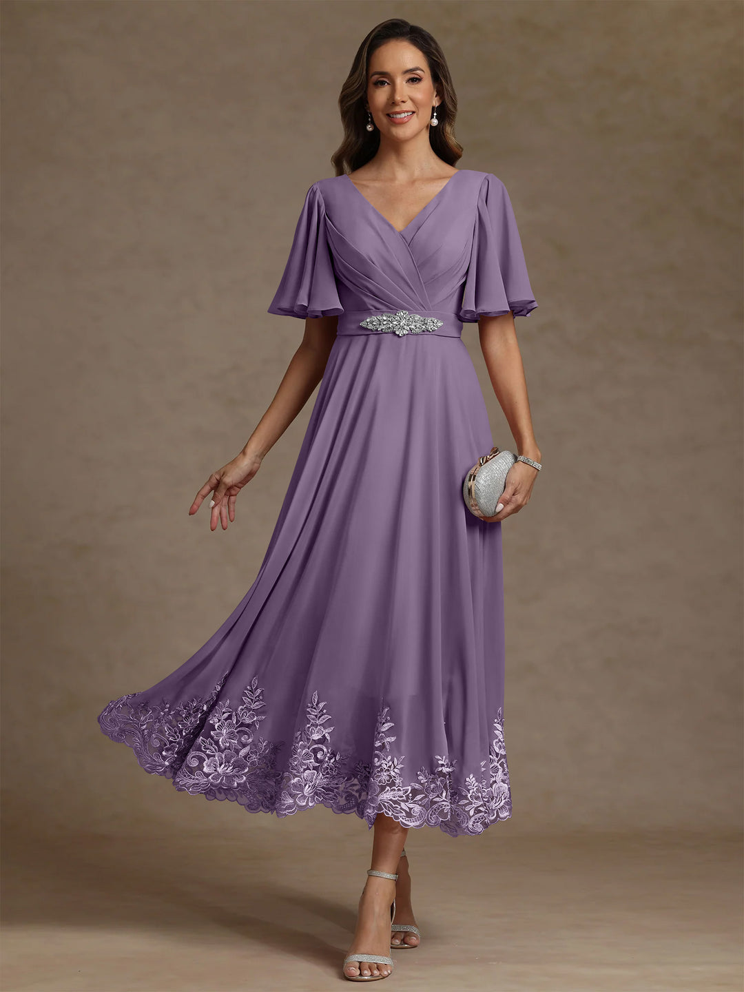 A-Line/Princess V Neck Mother of the Bride Dresses Short Sleeves Chiffon Lace Tea Length with Sash