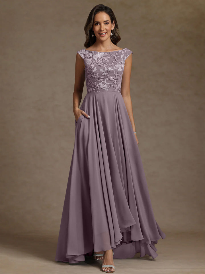 A-Line/Princess Scoop Chiffon Mother of the Bride Dresses Lace Sequins Floor-Length Sleeveless Pleated