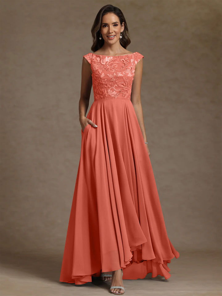 A-Line/Princess Scoop Chiffon Mother of the Bride Dresses Lace Sequins Floor-Length Sleeveless Pleated