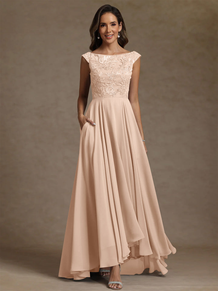 A-Line/Princess Scoop Chiffon Mother of the Bride Dresses Lace Sequins Floor-Length Sleeveless Pleated