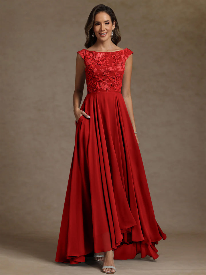 A-Line/Princess Scoop Chiffon Mother of the Bride Dresses Lace Sequins Floor-Length Sleeveless Pleated