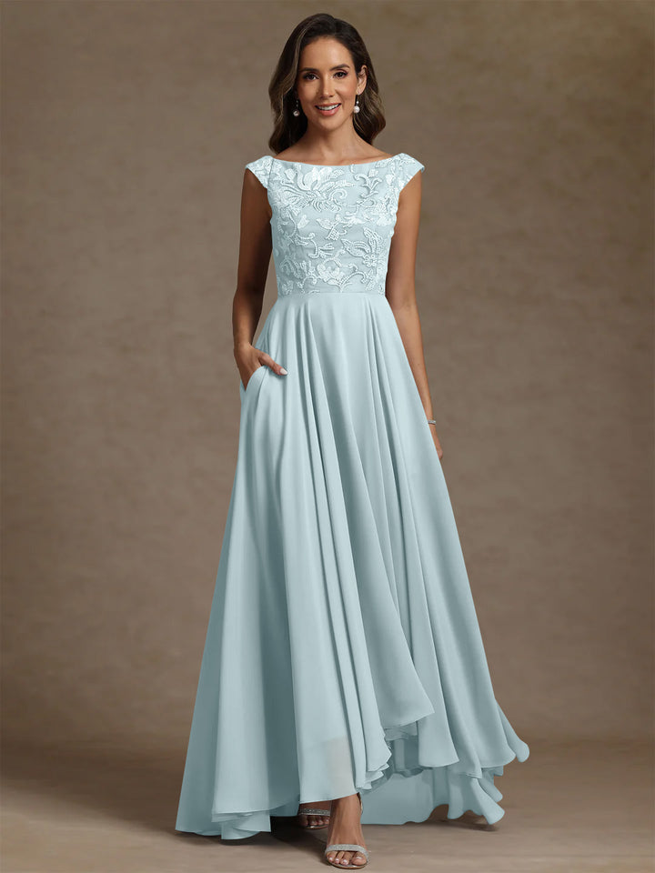 A-Line/Princess Scoop Chiffon Mother of the Bride Dresses Lace Sequins Floor-Length Sleeveless Pleated