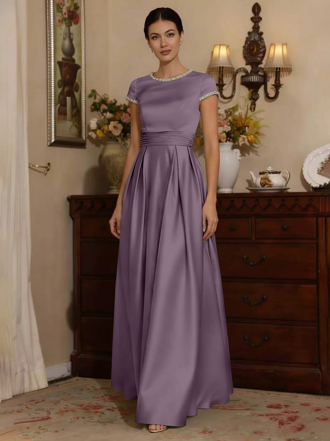 A-Line/Princess Silk Satin Jewel Neck Mother ofthe Bride Dresses Floor Length Short Sleeves Rhinestone