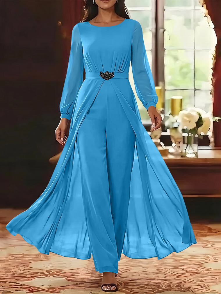 Jumpsuit Scoop Chiffon Mother of the Bride Jumpsuit with Overskirt Ankle-Length Long Sleeves