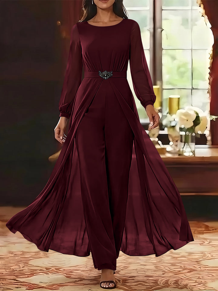 Jumpsuit Scoop Chiffon Mother of the Bride Jumpsuit with Overskirt Ankle-Length Long Sleeves