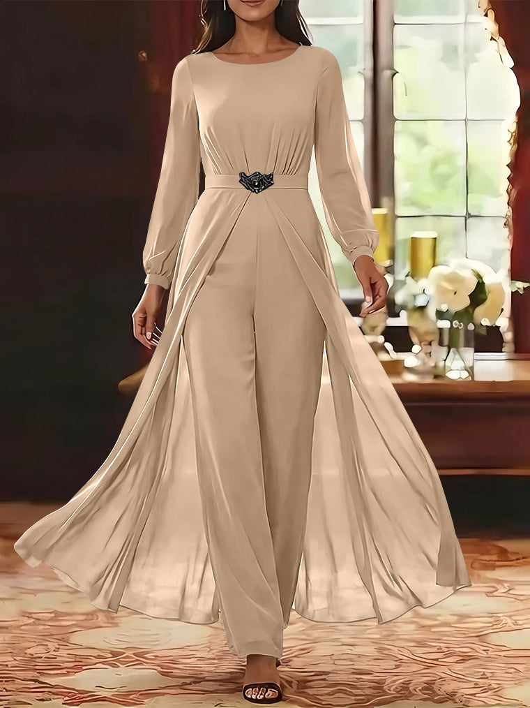 Jumpsuit Scoop Chiffon Mother of the Bride Jumpsuit with Overskirt Ankle-Length Long Sleeves