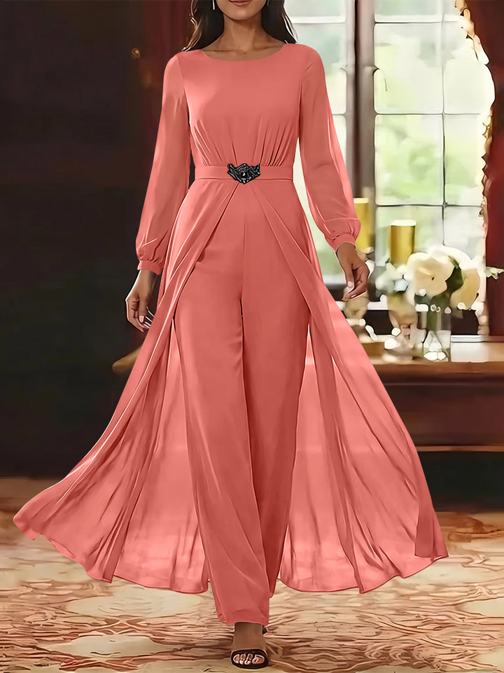 Jumpsuit Scoop Chiffon Mother of the Bride Jumpsuit with Overskirt Ankle-Length Long Sleeves