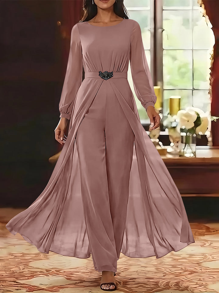 Jumpsuit Scoop Chiffon Mother of the Bride Jumpsuit with Overskirt Ankle-Length Long Sleeves
