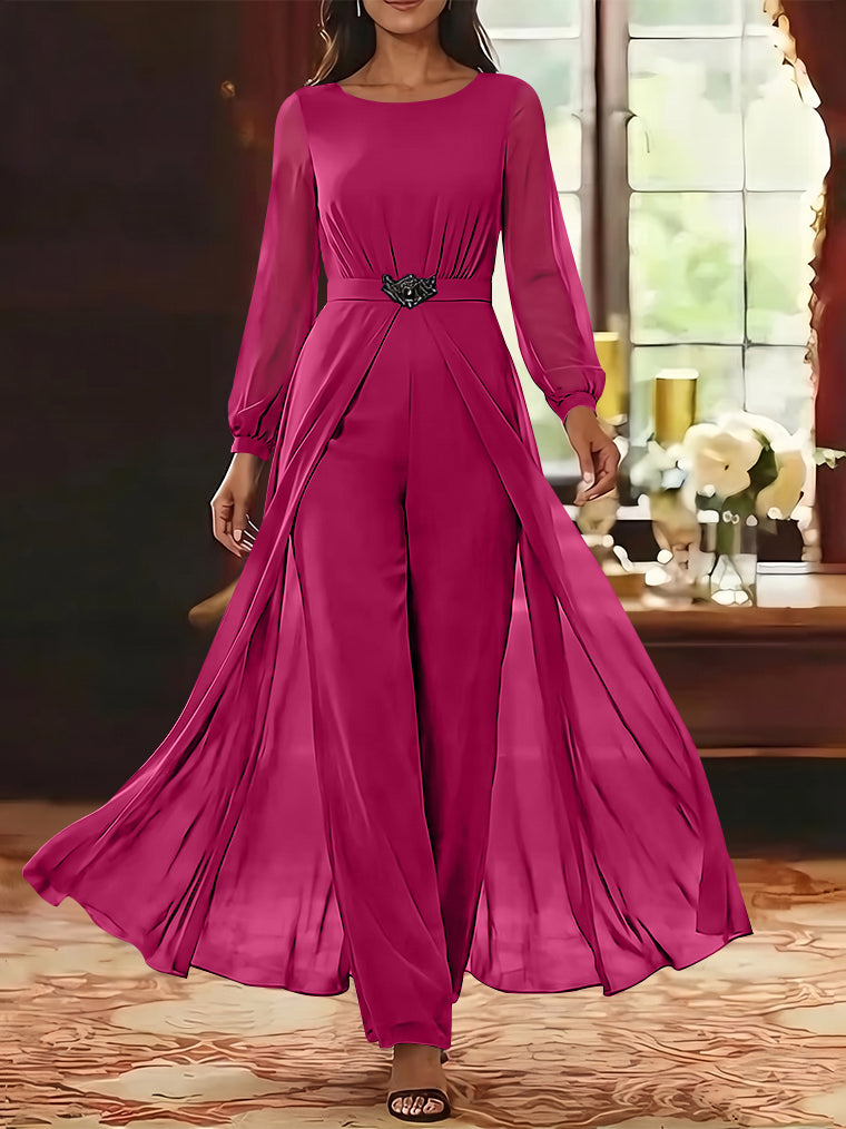 Jumpsuit Scoop Chiffon Mother of the Bride Jumpsuit with Overskirt Ankle-Length Long Sleeves